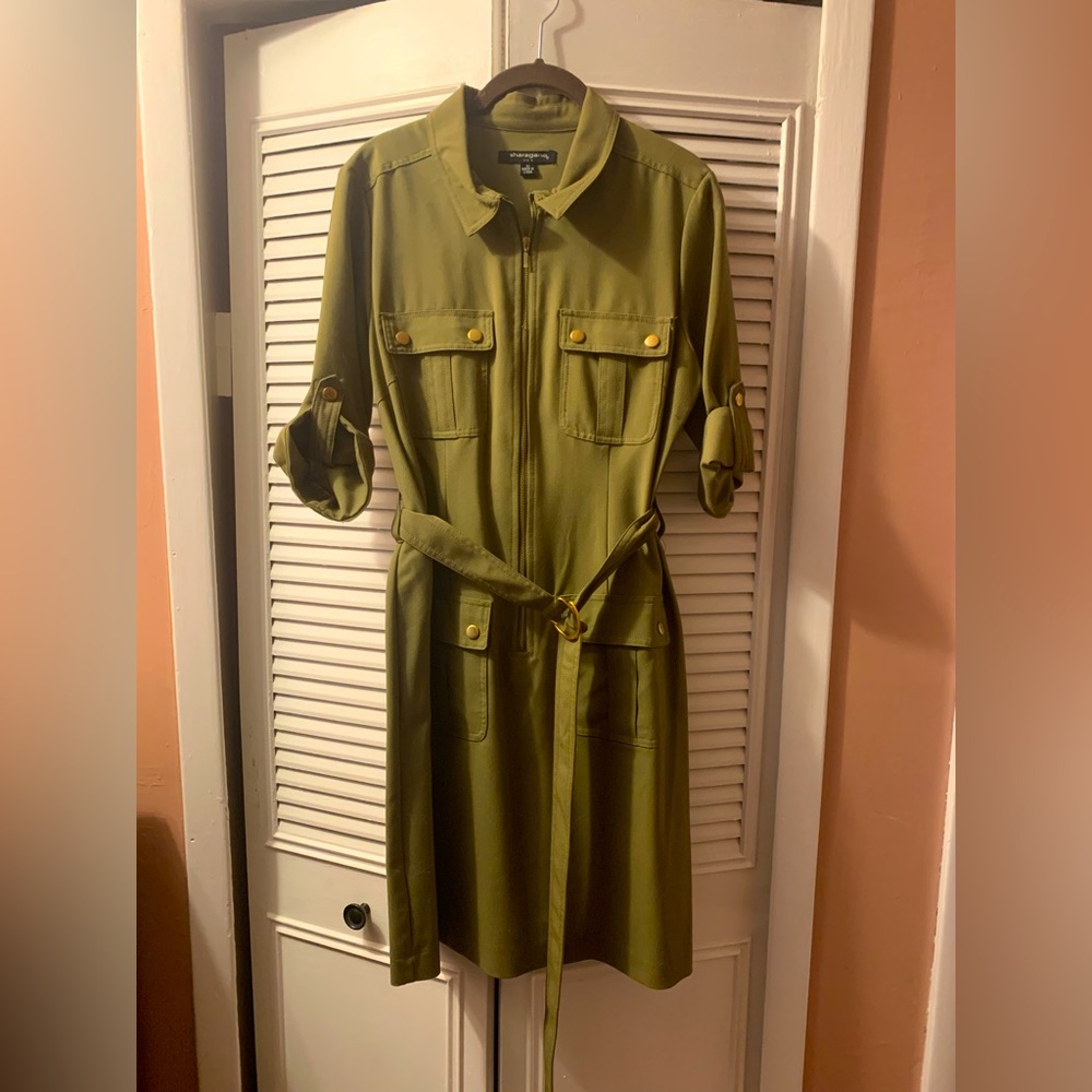 Sharagano khaki green shirt dress, size 10